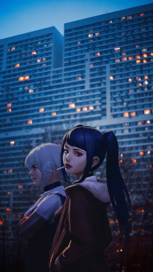 Anime girls smoking in front of apartment buildings