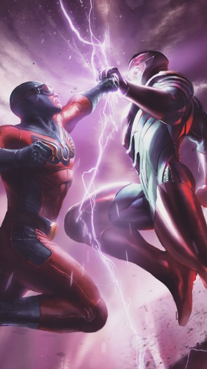 Two superheroes clashing with lightning