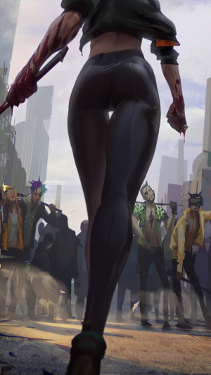 Artwork of a woman with bloody arms in a city