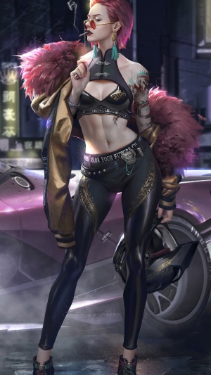 Cyberpunk woman with pink hair and tattoos