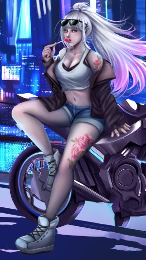 Cyberpunk girl with lollipop on motorcycle