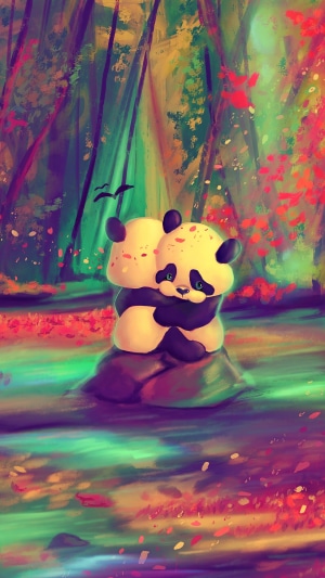 Two pandas hugging in a colorful forest