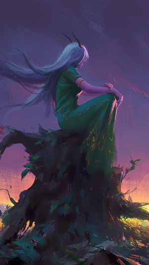 Fantasy character sitting on a tree stump