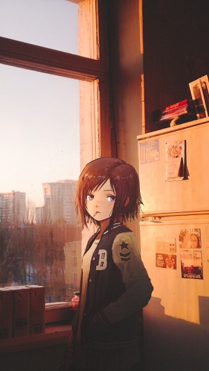 Anime girl with cigarette by the window