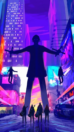 Giant puppet master controlling smaller figures in a neon city