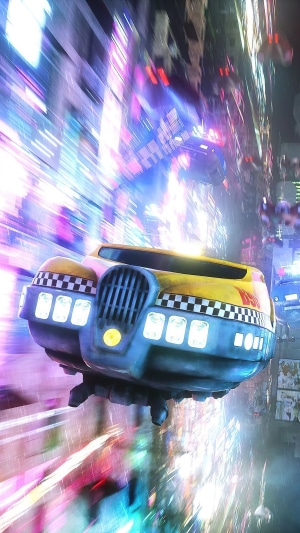 Sci-fi flying taxi in a neon city