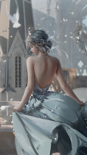 Artwork of a woman in a blue dress with birds