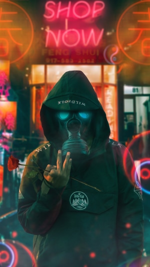 Person in gas mask holding a rose in neon city