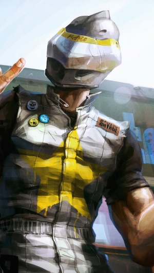 Artwork of a character with a helmet and racing suit