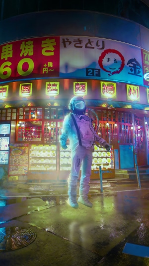 Astronaut floating in front of a Japanese restaurant