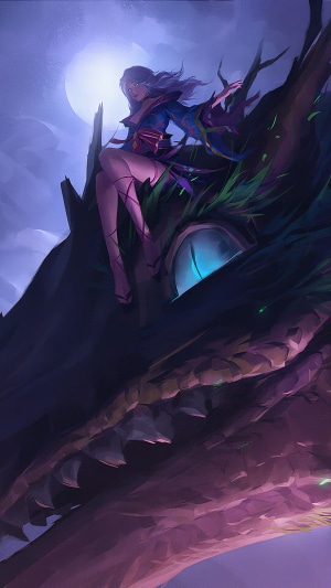 Woman sitting on a dragon's head under the moon