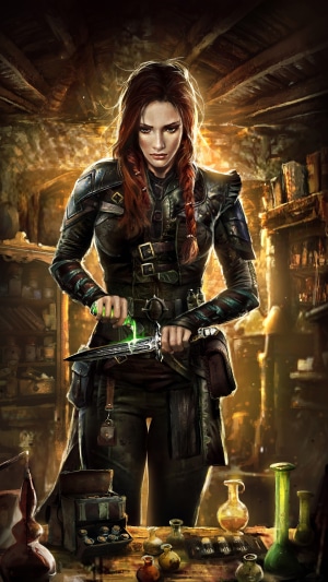 Woman with braided hair holding a dagger with green liquid
