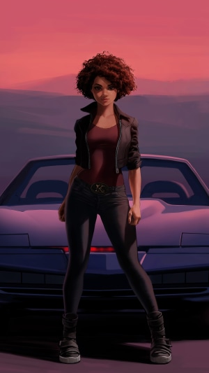 Woman in leather jacket in front of a car
