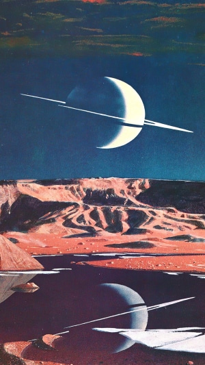 Artwork of a ringed planet over alien landscapes