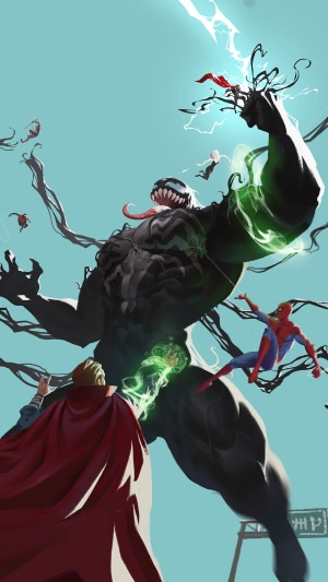 Venom and Superheroes fighting, artwork