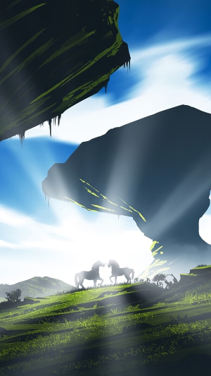 Two horses in a mystical landscape with sunbeams