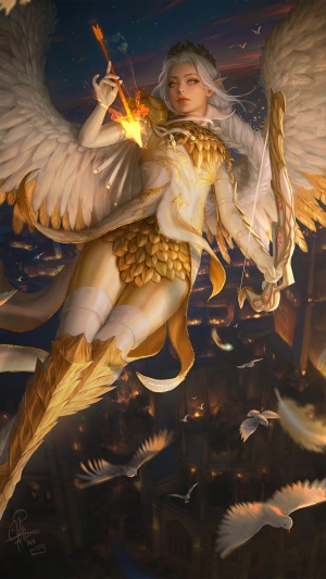 Angel with bow and arrow in flight