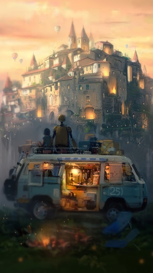 Robot and child on a van overlooking a fantasy town
