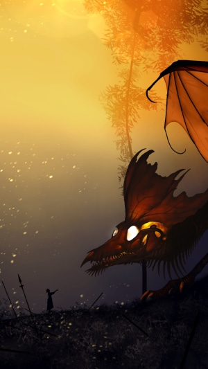 Dragon and girl in a forest at sunset