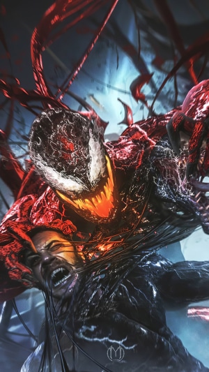 Carnage and Venom attacking a man