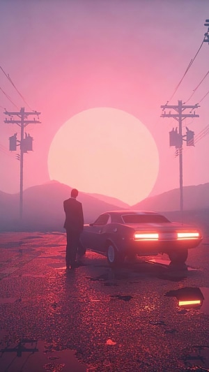 Man in suit by car at sunset, vaporwave artwork