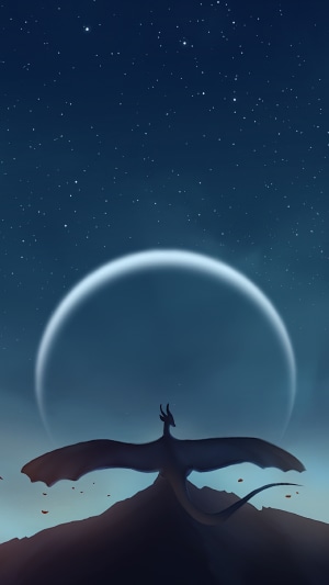 Dragon silhouetted against a large moon and starry sky