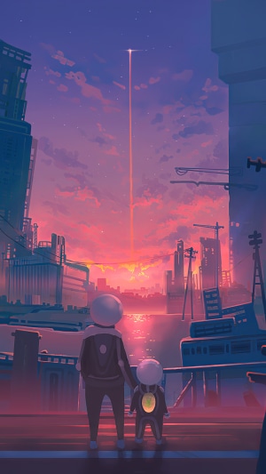 Two astronauts watching a rocket launch in a futuristic city