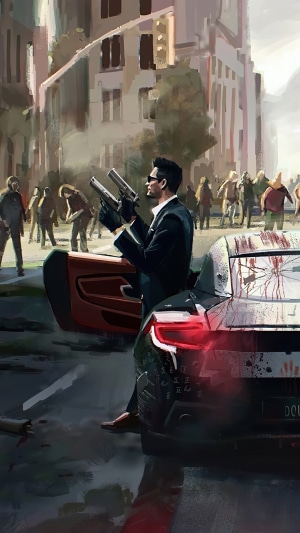 Man with guns in a car during a zombie apocalypse