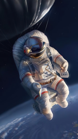 Astronaut descending from a spacecraft with a parachute