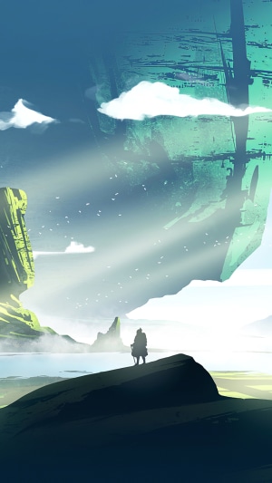 Warrior overlooking a surreal alien landscape