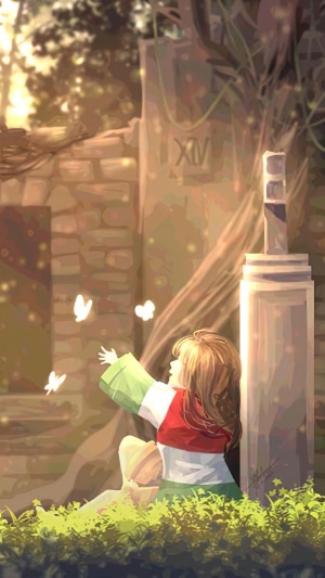 Girl reaching for butterflies near stone ruins