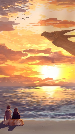 Dragon flying over a beach sunset with people and dog