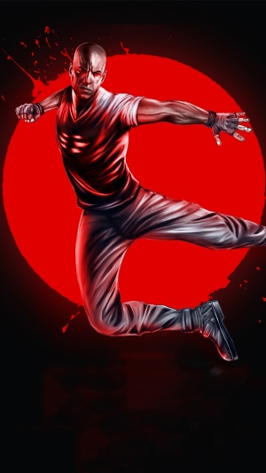 Vin Diesel as Bloodshot in front of a red circle