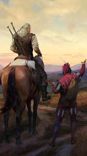 Geralt of Rivia from The Witcher on horseback with a bard