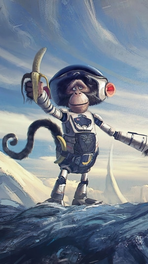 Astronaut monkey holding a banana on a rocky planet
