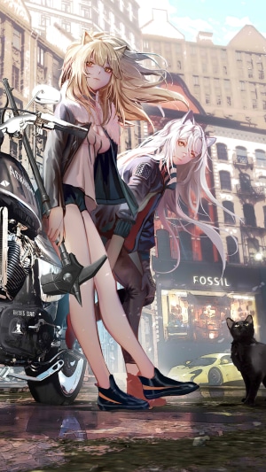 Anime girls with cat ears and a motorcycle in a city