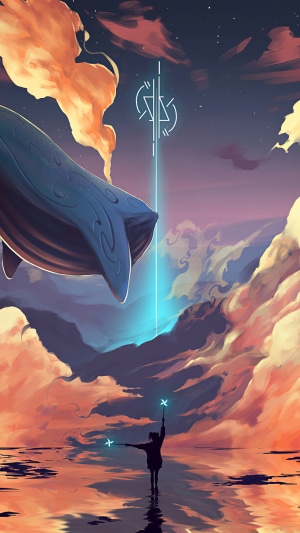 Whale in the sky with a person and a symbol