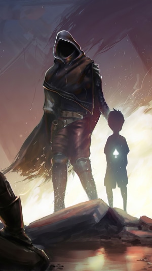 Hooded figure with child holding spade symbol