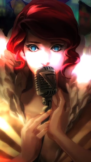 Anime girl with red hair singing into a microphone