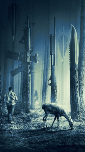 Forest with guns, deer, and people