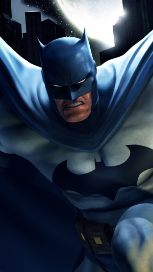 Batman artwork with city skyline and moon