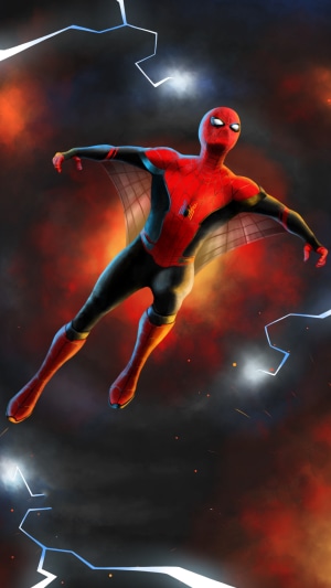 Spider-Man with web wings in front of explosions and lightning