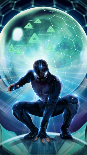 Spider-Man in a futuristic suit crouches in front of a holographic globe
