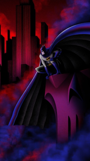 Batman perched on a gargoyle overlooking Gotham City