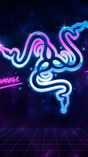 Razer logo with neon lights and retro grid
