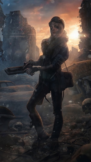 Post-apocalyptic woman with a rifle in ruins