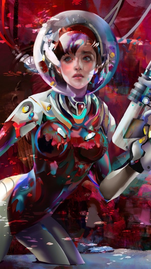 Artwork of a woman in a futuristic suit with a helmet