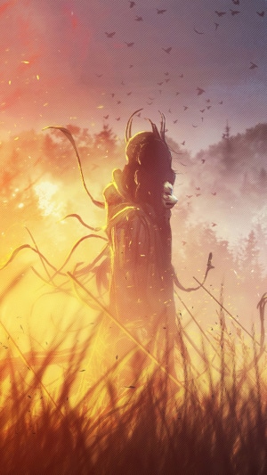 Artwork of a warrior in a field