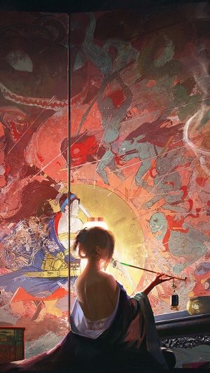 Artwork of a woman in traditional Japanese clothing
