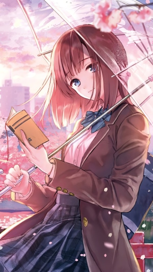 Anime girl with umbrella reading a book